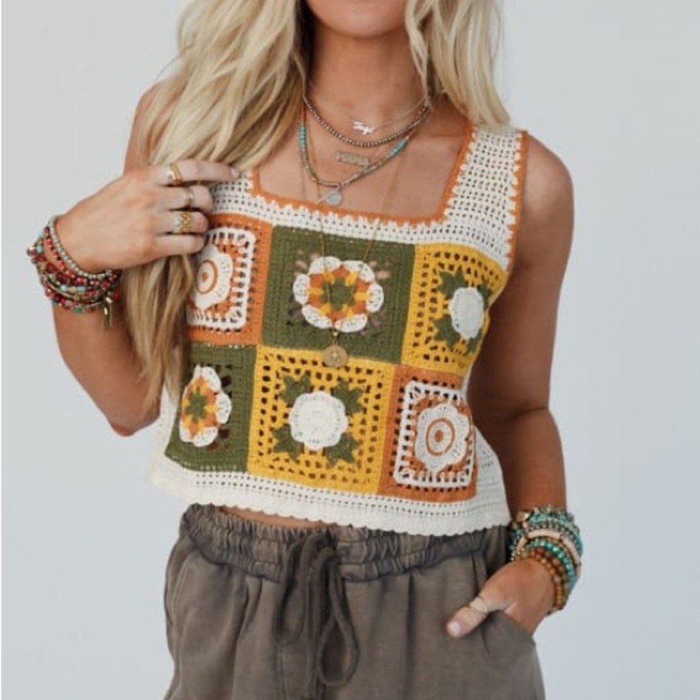 Bohemian Mustard Granny Square Crochet Crop Top
